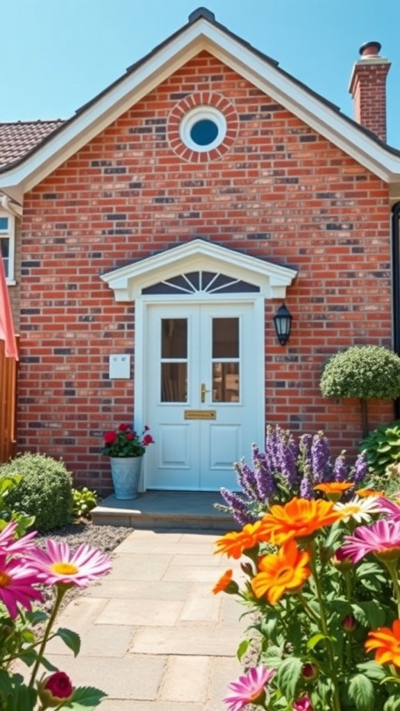 A beautiful brick house with a white door, surrounded by colorful flowers.