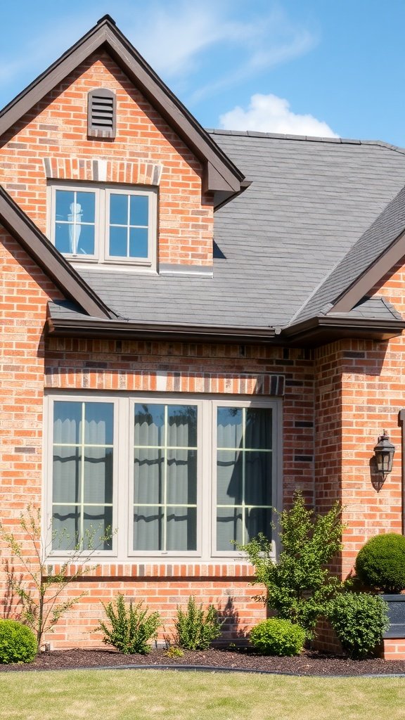 A close-up view of a brick house featuring a newly updated roof with stylish dark shingles.