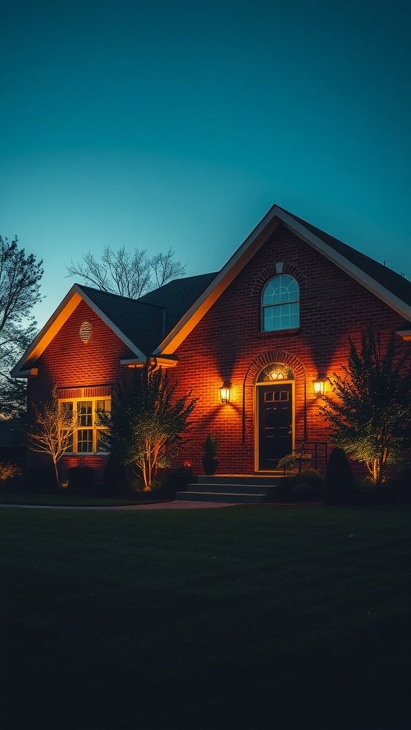 Beautiful brick house illuminated by warm outdoor lighting at dusk.