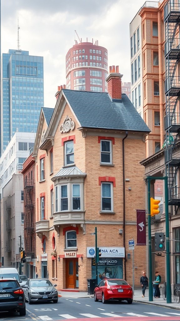 A beige brick house exterior in an urban environment