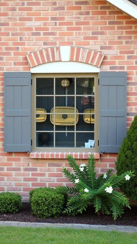 A window with decorative shutters on a brick house, surrounded by greenery.