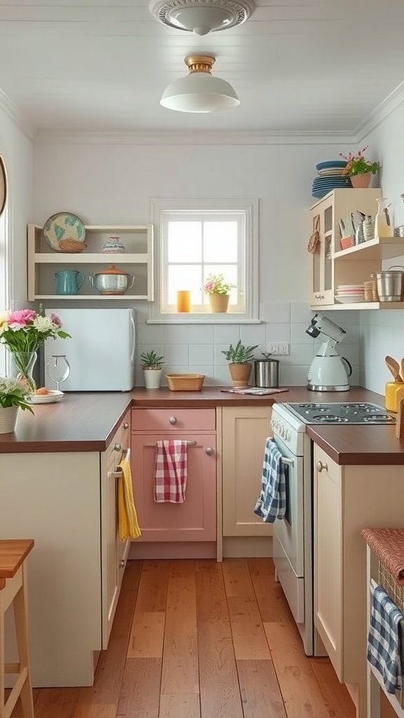 A charming cottage kitchen featuring a vintage-inspired color palette with pastel pink and yellow hues.