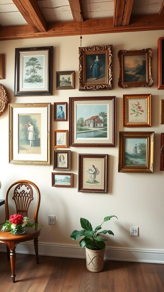 A wall decorated with vintage French art and prints featuring various frames and a chair with flowers.