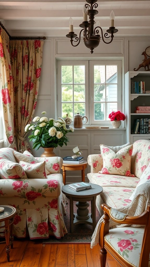 A cozy living room with vintage French floral-patterned fabrics on furniture, a wooden coffee table, and a chandelier.