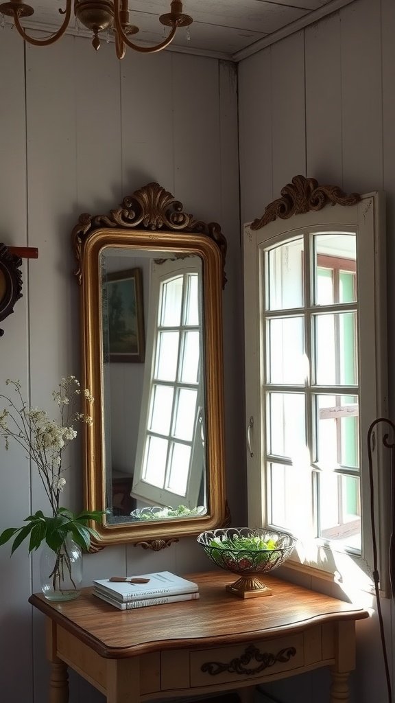 A vintage mirror reflecting light in a cozy room with a wooden table and a vase of flowers.