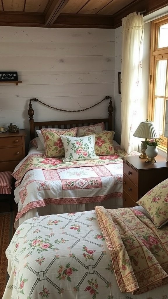 A cozy cottage bedroom with vintage floral bedding.