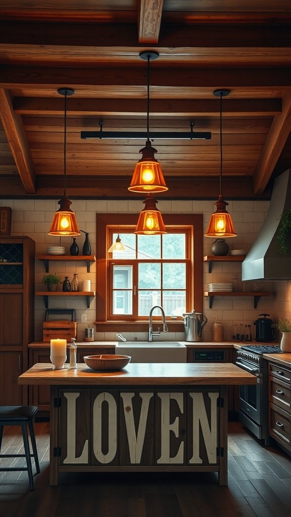 A cozy cottage kitchen featuring warm pendant lighting and wooden accents.
