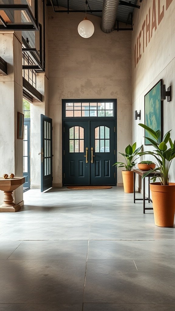 An entryway featuring weathered concrete floors with dark double doors and decorative plants.