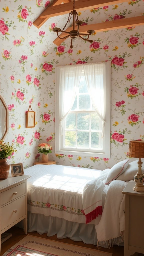 A cozy cottage bedroom with floral wallpaper, a bed with white linens, and soft lighting