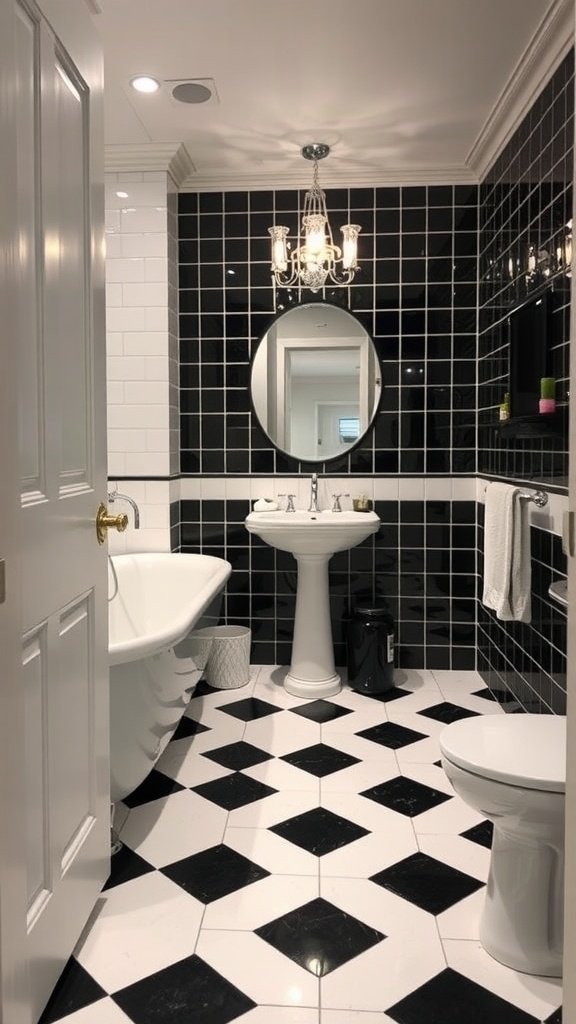 A stylish bathroom featuring bold black and white checkered flooring with a vintage design.