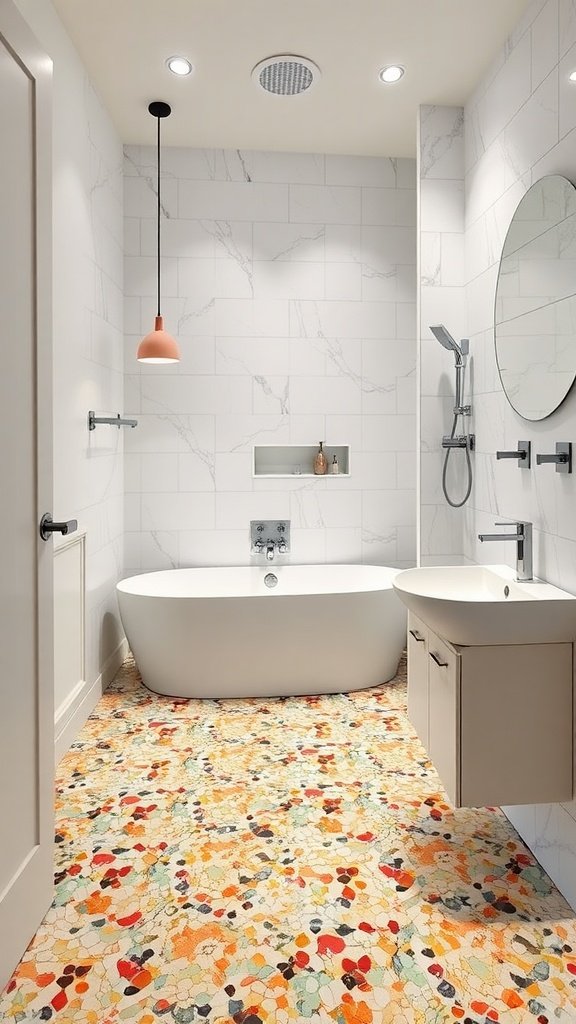 A stylish bathroom featuring colorful terrazzo flooring, modern fixtures, and a sleek bathtub.