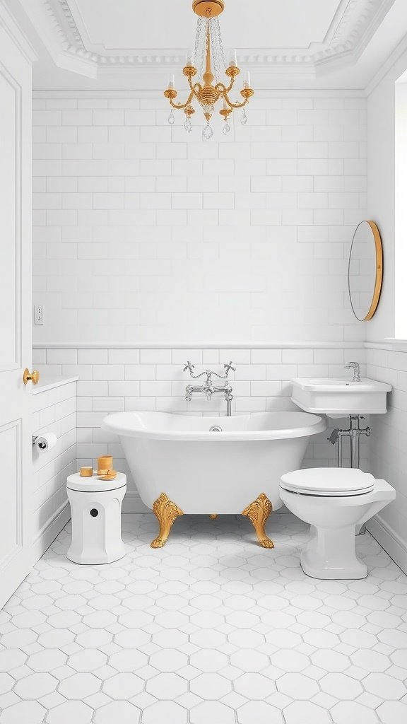 A classic bathroom featuring hexagon tiles on the floor, a freestanding bathtub with golden feet, and elegant decor.