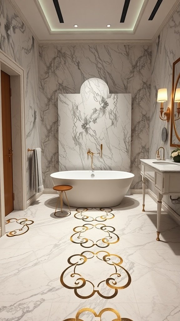 A luxurious bathroom featuring white marble flooring with gold patterns, a freestanding bathtub, and elegant fixtures.