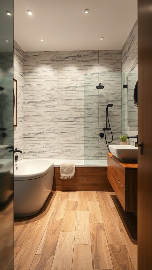 A modern bathroom featuring wood-look tiles, a freestanding bathtub, and sleek fixtures.