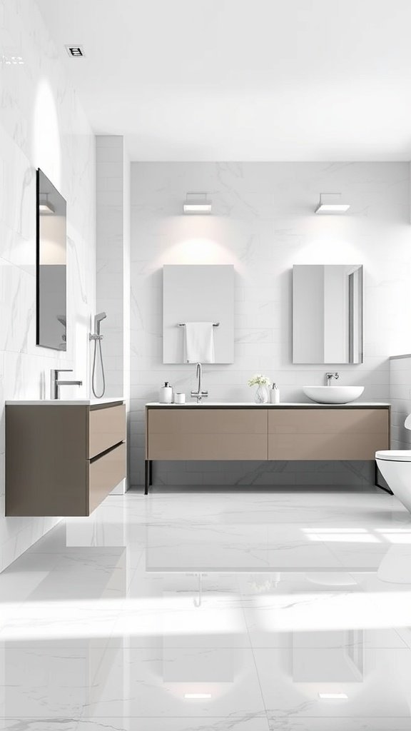 Modern bathroom with glossy ceramic tile flooring.