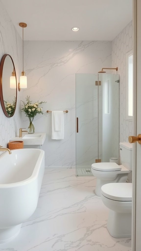 A modern bathroom featuring marbled vinyl flooring, a freestanding bathtub, and elegant fixtures.