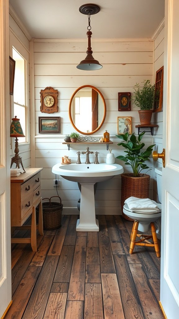A cozy bathroom featuring rustic wood plank flooring and vintage decor.