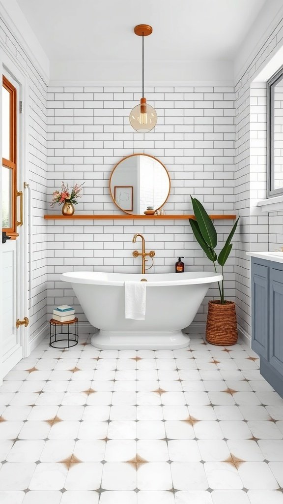 A stylish bathroom featuring white subway tiles, a freestanding bathtub, and decorative floor tiles.