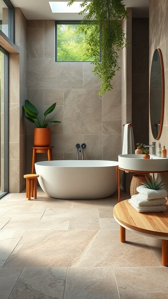 A modern bathroom featuring textured natural stone flooring, a freestanding bathtub, and a stylish sink area.