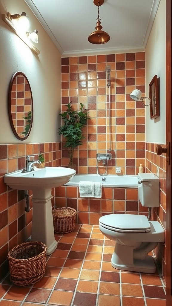 A traditional bathroom with terracotta tiles, featuring a sink, toilet, and shower.