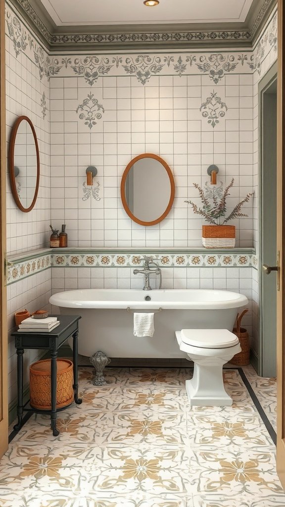 A vintage-style bathroom featuring patterned encaustic tiles on the floor, a freestanding bathtub, and elegant decor.