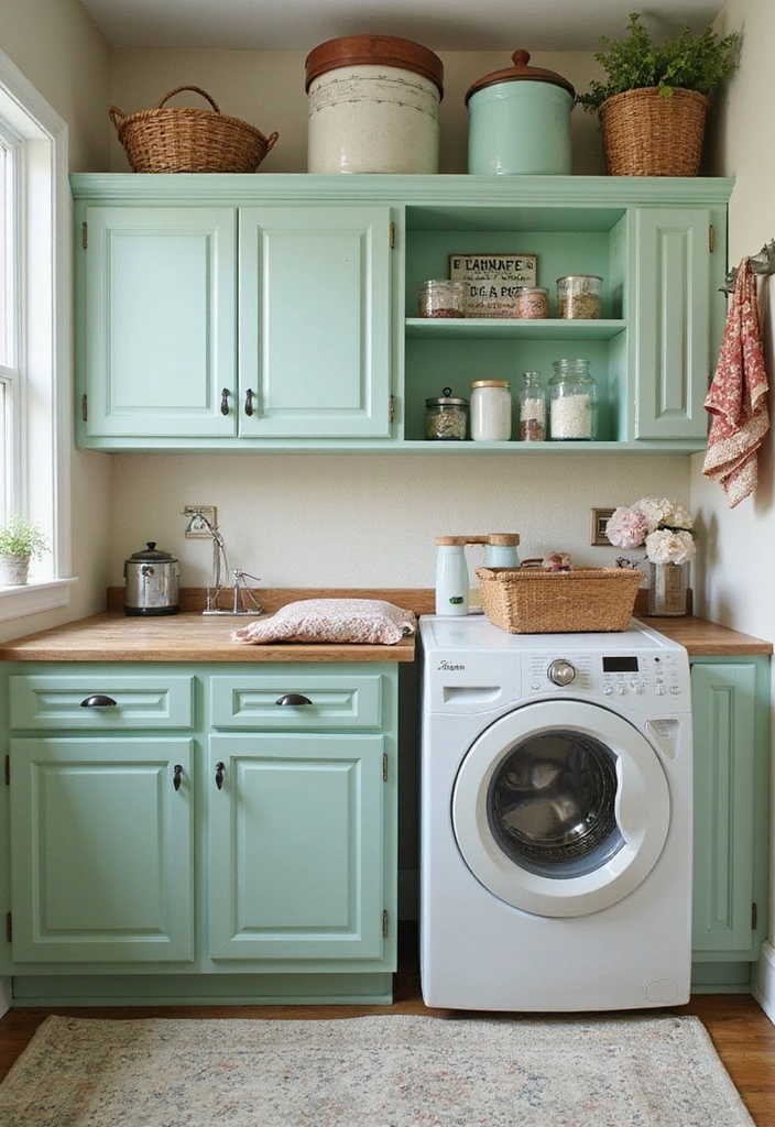 Laundry Room Cabinet with Vintage Vibes with Retro Colors