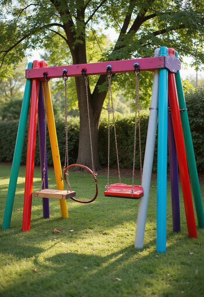 24 Innovative DIY Backyard Playground Ideas to Make Your Kids Smile! - 7. Rainbow-colored Swing Set