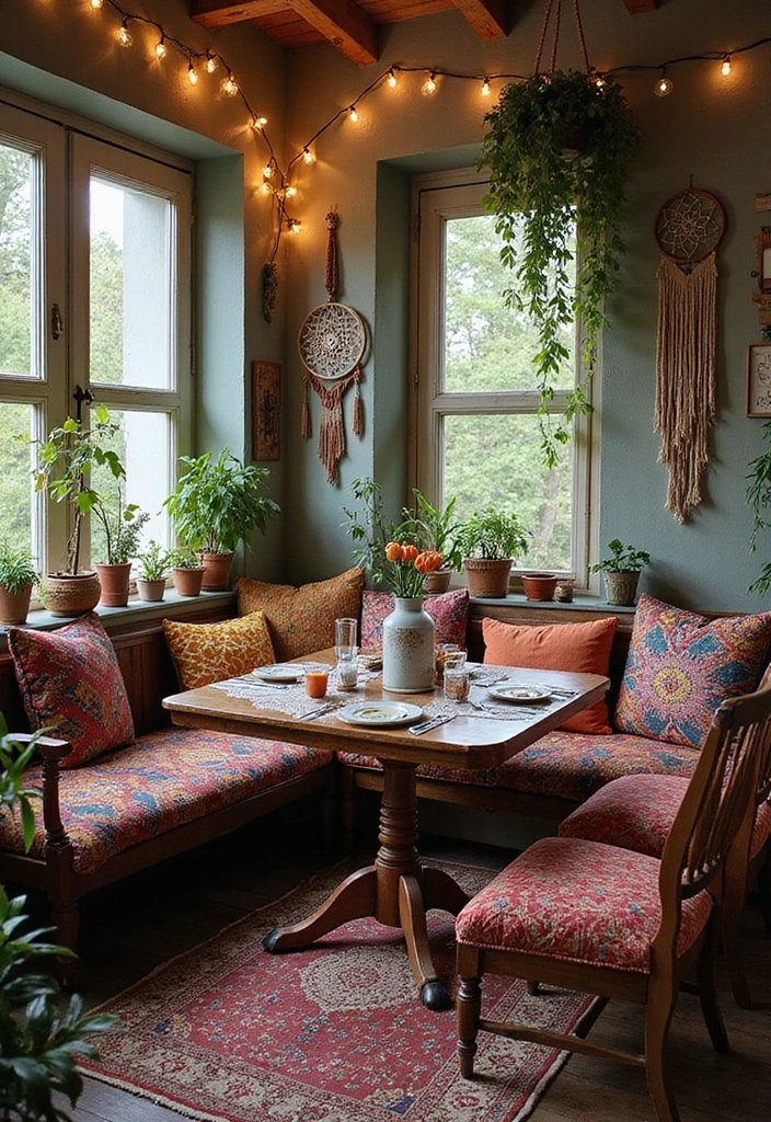 19 Cozy Breakfast Nook Designs That Will Make You Feel Right at Home (You’ll Love #11!) - 6. Eclectic Bohemian Vibe
