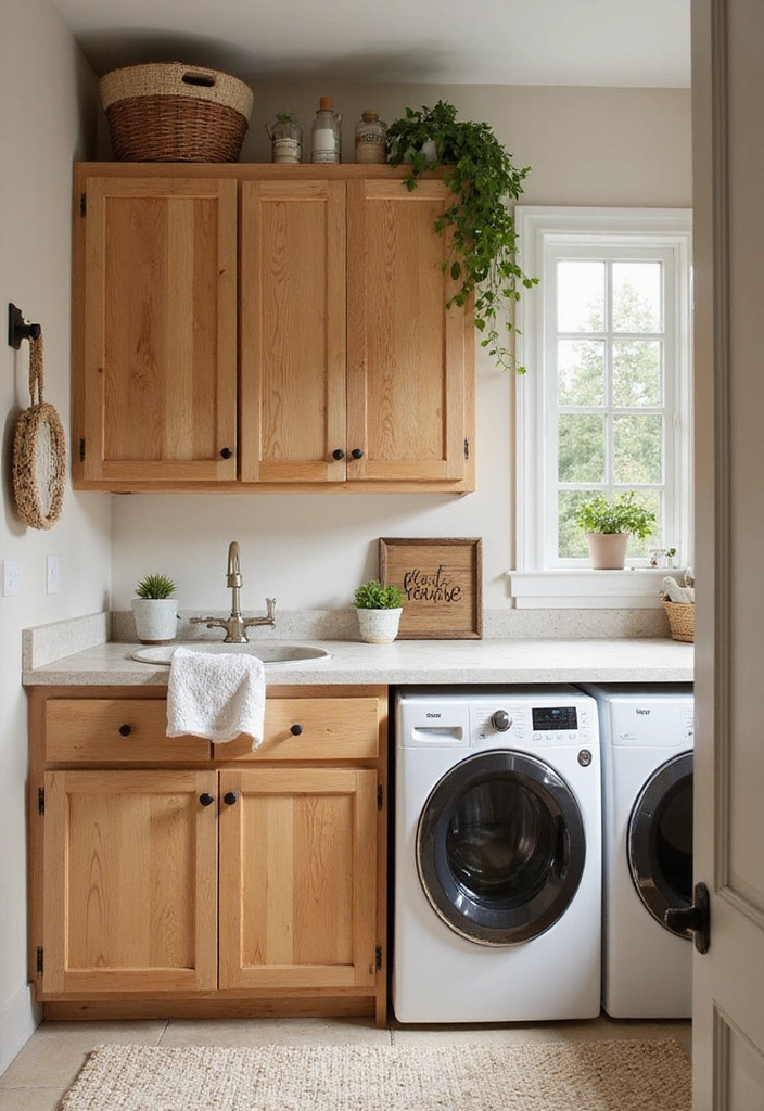 Laundry Room Cabinet with Rustic Charm and Natural Wood Finishes