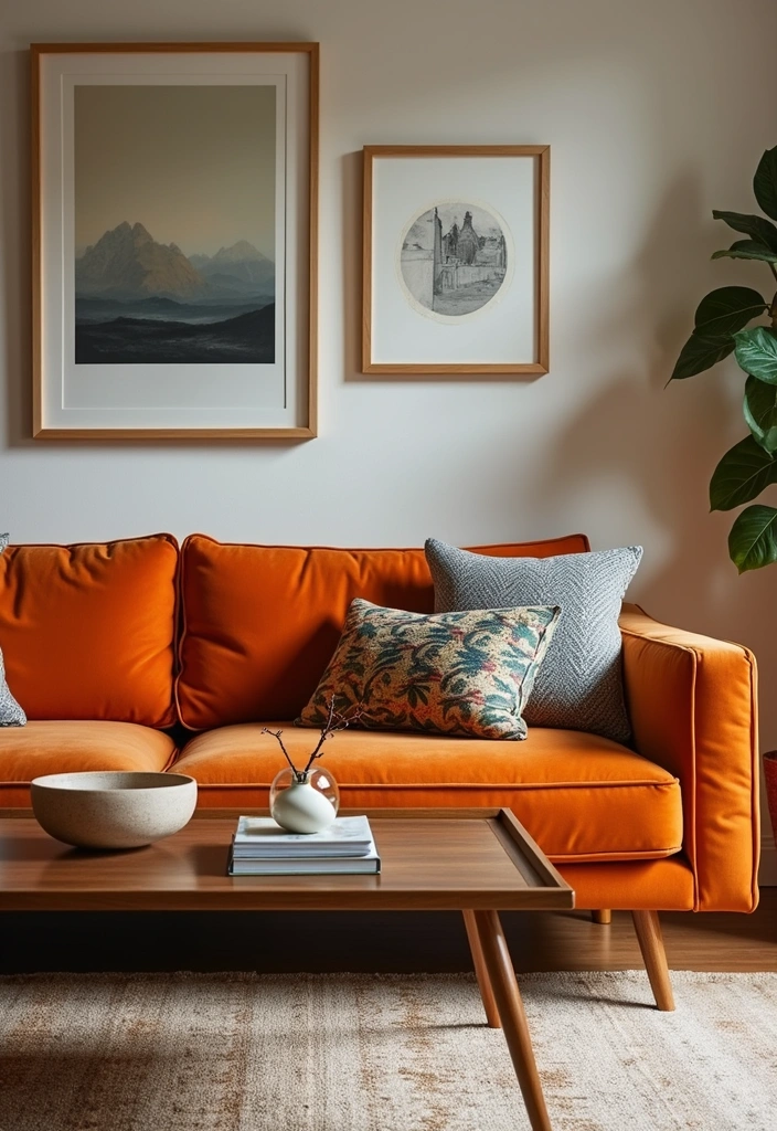 Statement Sofa in Boho Mid Century Modern Living Room