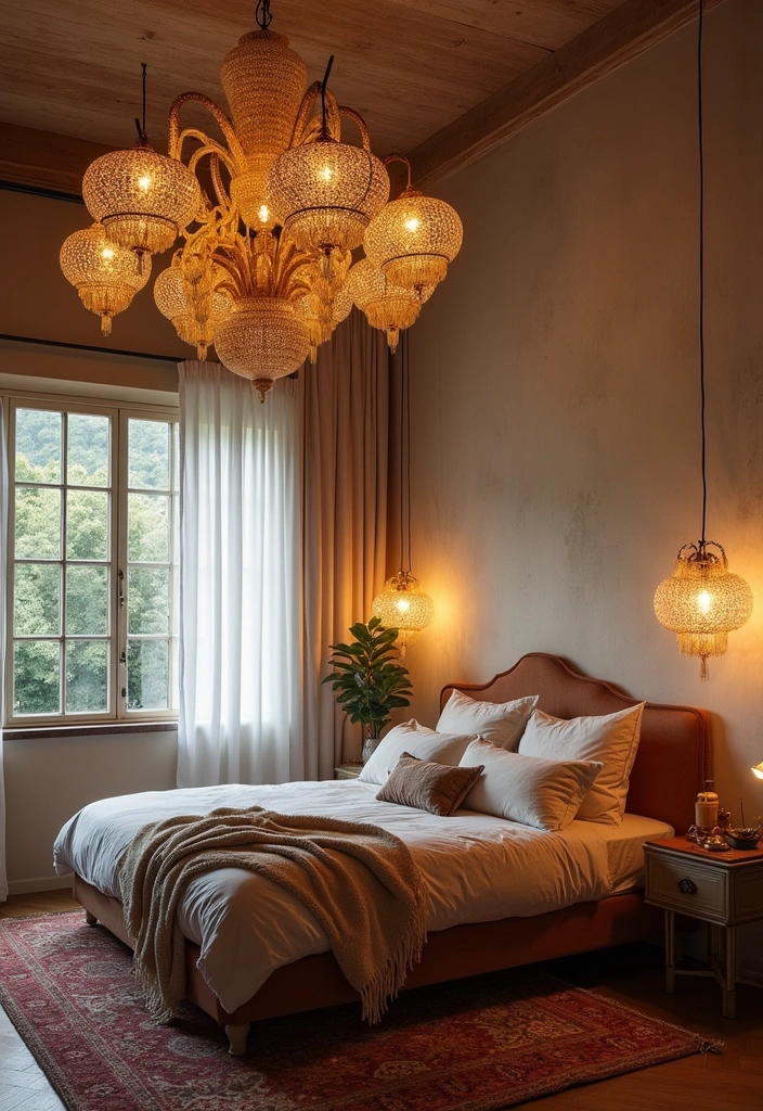 16 Luxurious Boho Guest Bedroom with 4. Statement Lighting