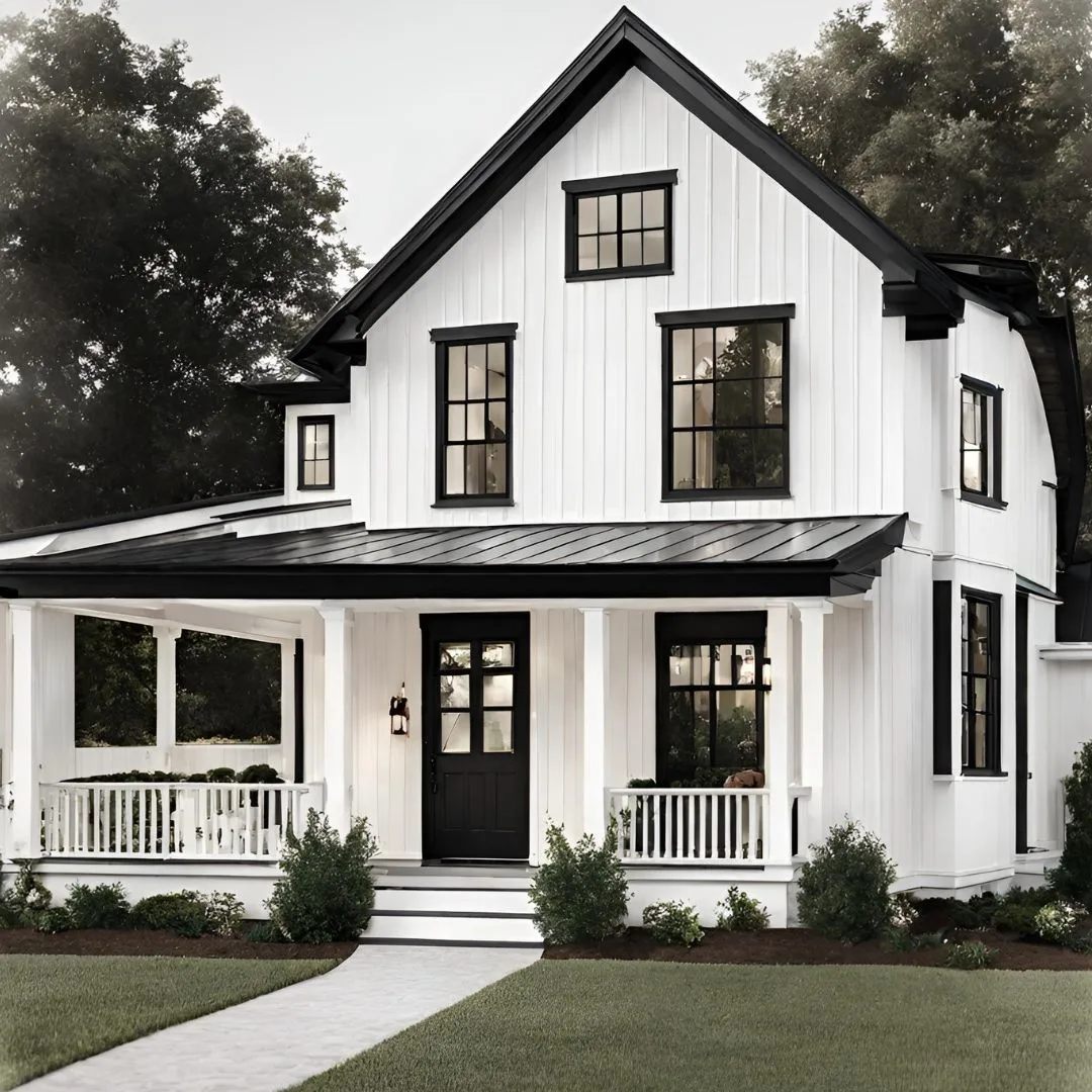 Bold Black with Classic White Columns in Modern Farmhouse Exteriors