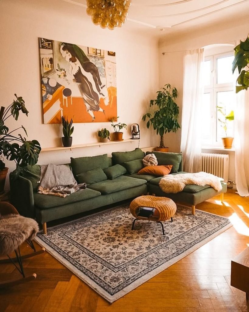 Indoor Plants in Boho Mid Century Modern Living Room