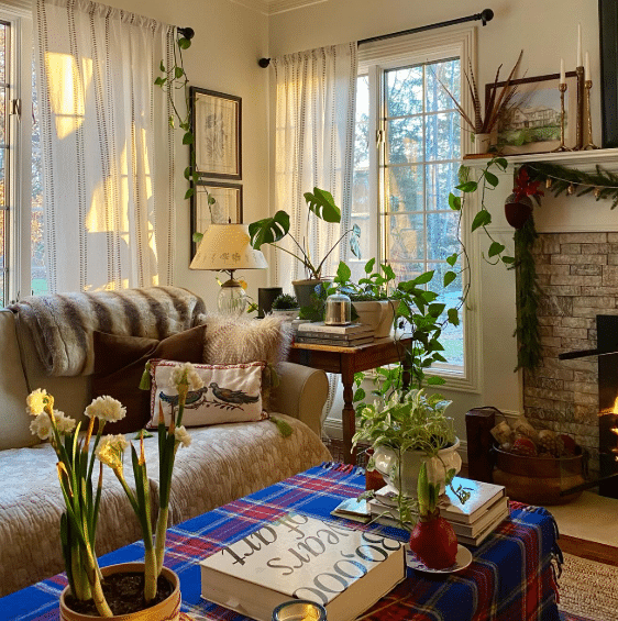 Natural Elements and Greenery in French Living Room fireplace Designs