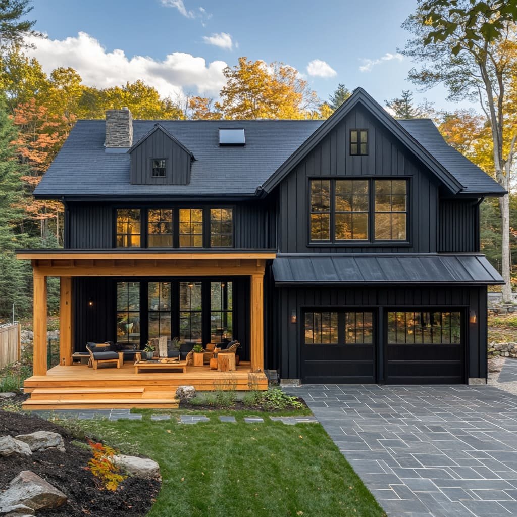 Outdoor Living Area in Black Modern Farmhouse Exterior