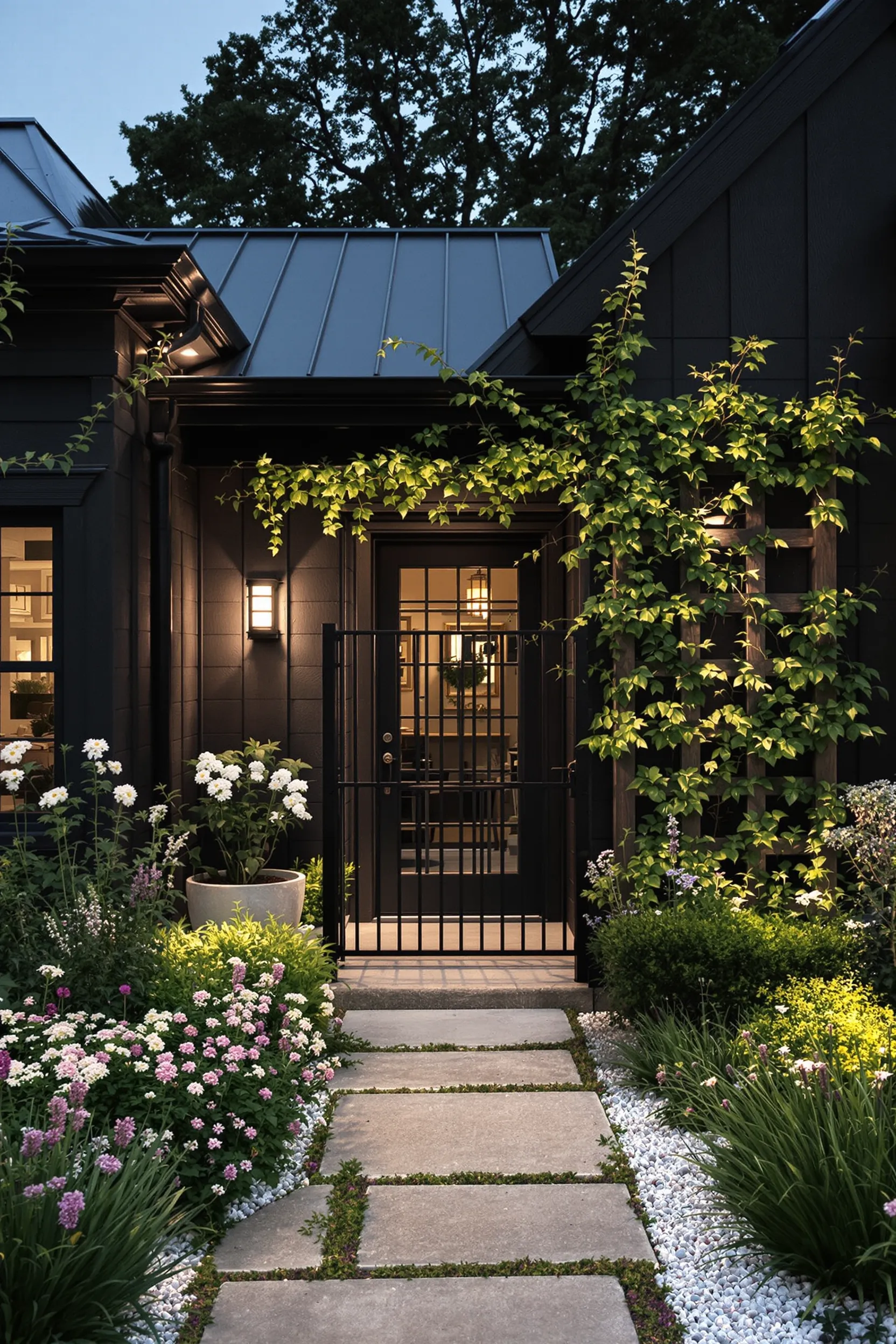 Warm Lightingin Black Modern Farmhouse Exterior