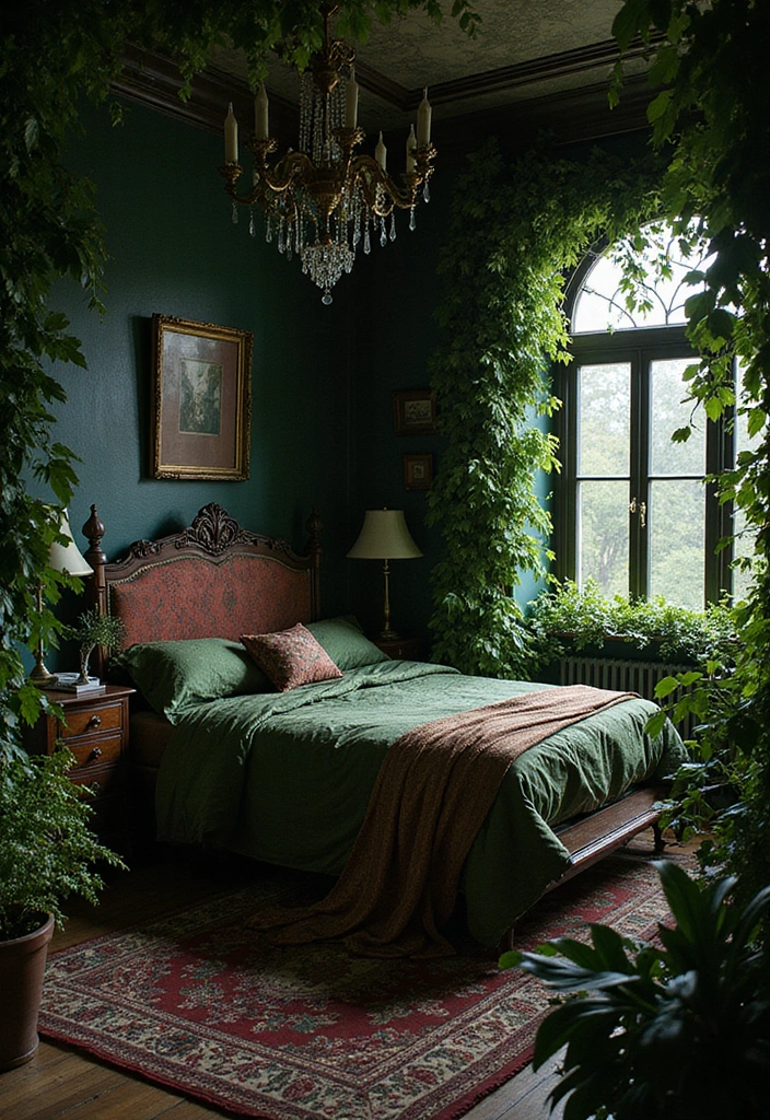 Plants and Florals in a Dark Victorian Bedroom