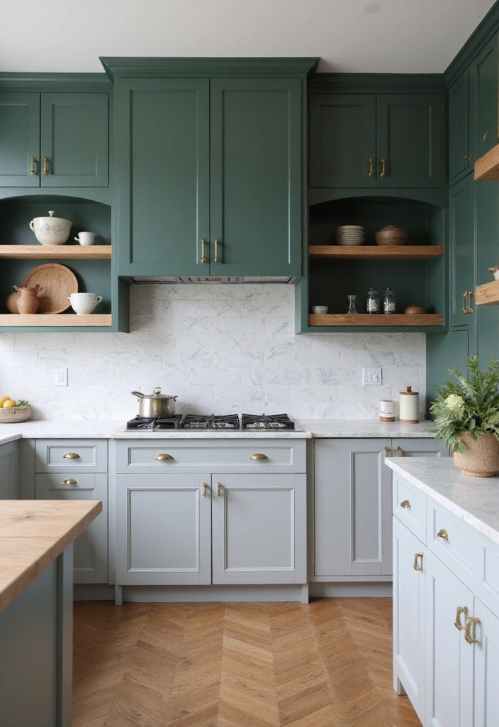 Two Tone Kitchen Cabinets Light Gray and Dark Green