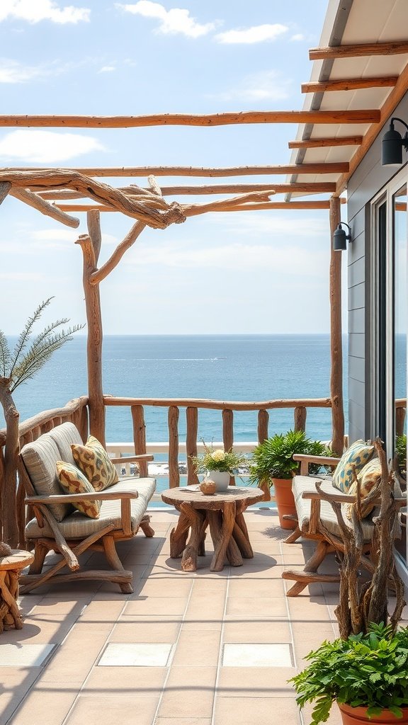 A coastal balcony with rustic driftwood furniture