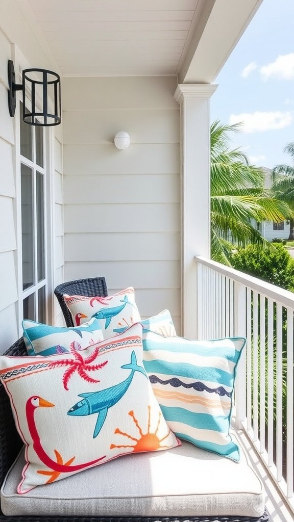 Throw pillows in balcony with coastal prints