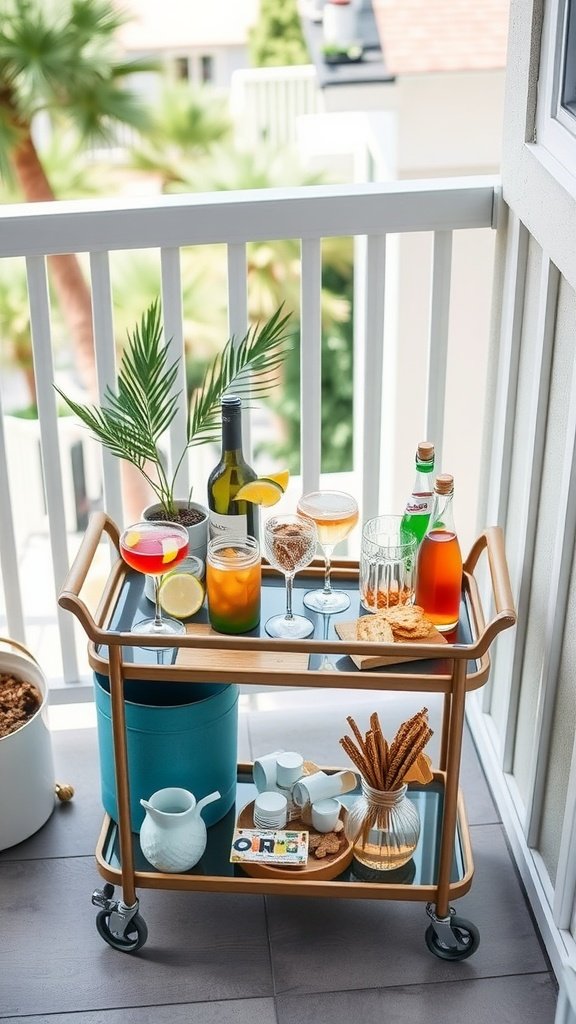 outdoor bar cart with coastal balcony decor