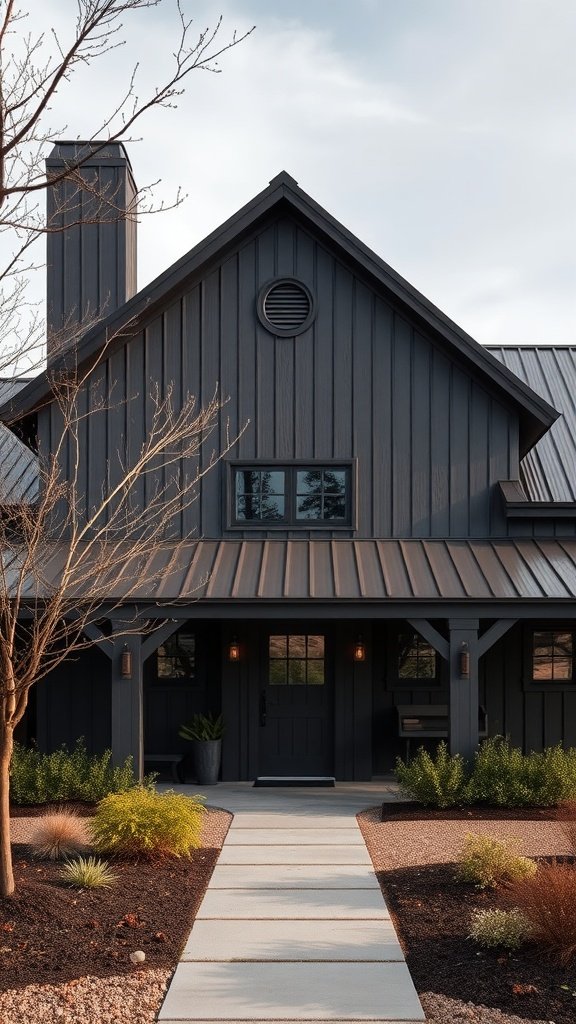 dark brown siding and a metal roof in modern farmhouse