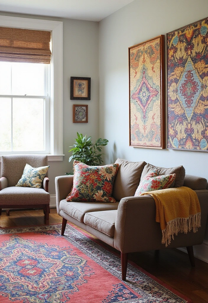 Layering Patterns in Boho Mid Century Modern Living Room