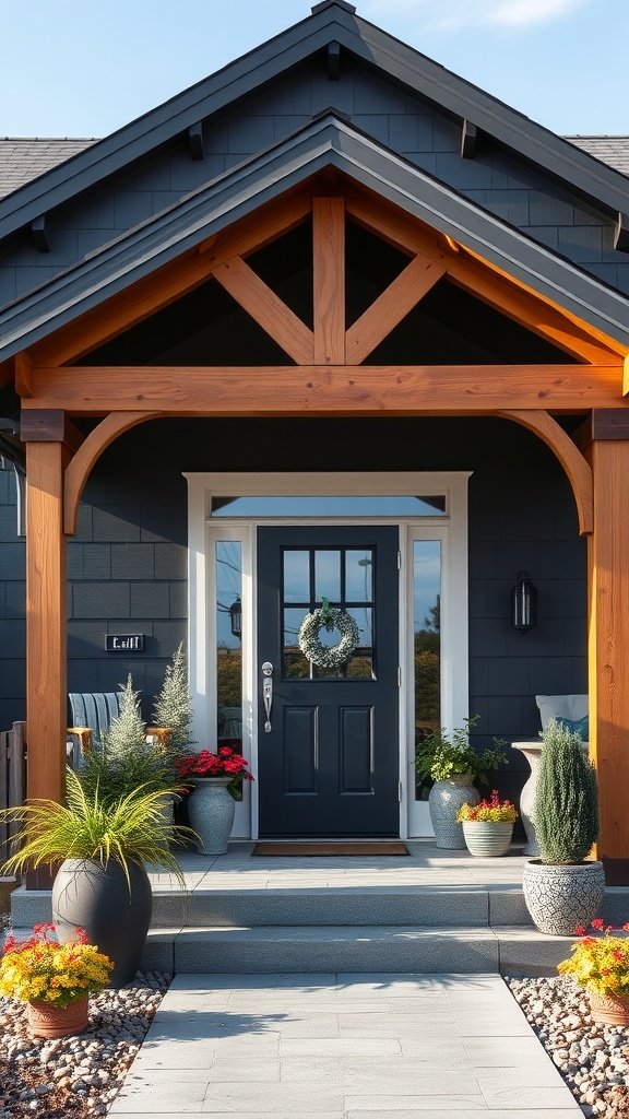 Modern farmhouse exterior with charcoal gray siding and rustic wood accents