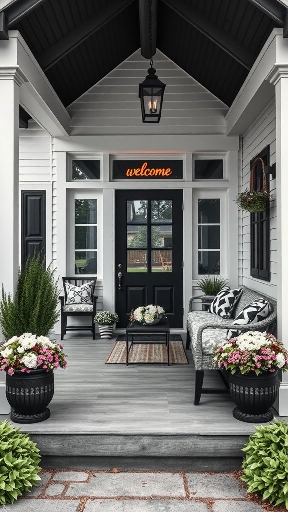 A modern farmhouse front porch featuring black accents