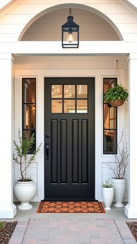 Modern farmhouse entryway featuring a bold black door