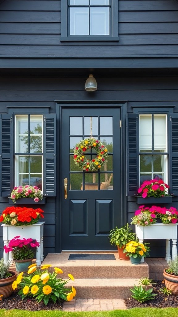 Black Shutters and Flower Boxes in Modern Farmhouse Exterior
