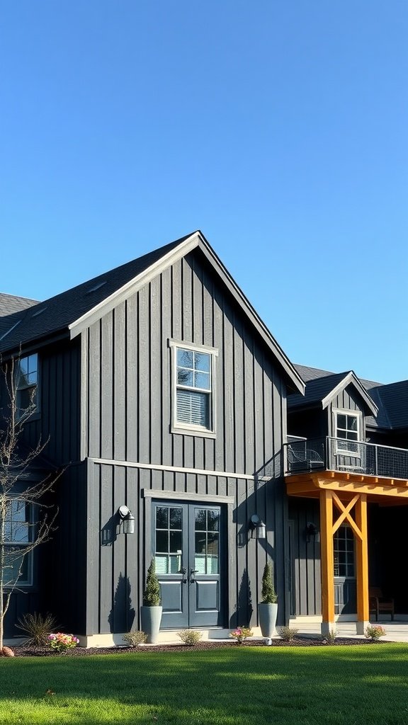 sleek cladding and rustic wooden accents in modern black farmhouse exterior featuring