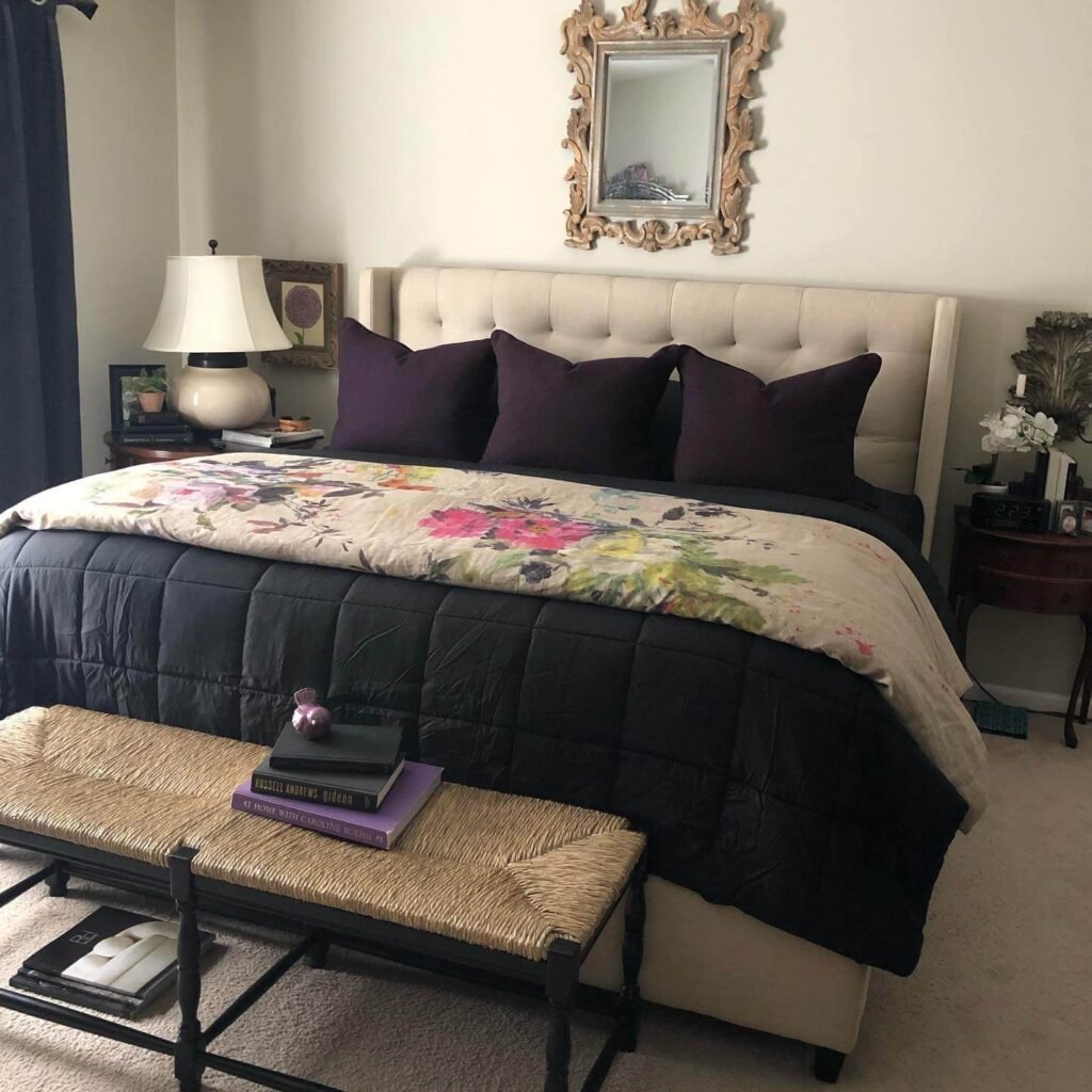 1. Floral Accents Meet Black Bedding Elegance