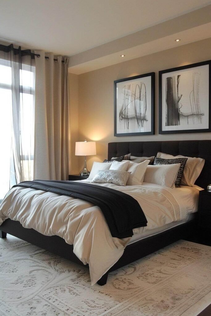 Balanced Neutrals with Abstract Accents Beige and Black Bedroom Ideas